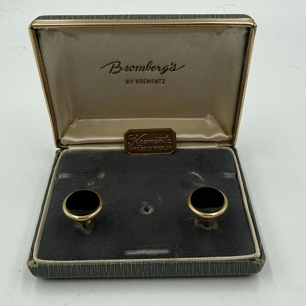 Vintage Krementz 14K Gold Overlay Black Onyx Cufflinks Bromberg's Original Box